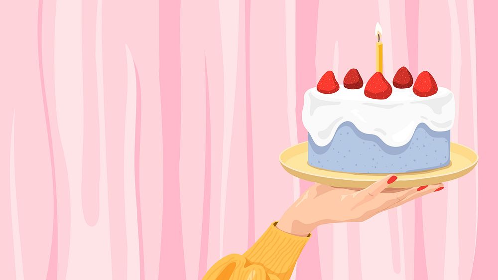 Pink desktop wallpaper, birthday cake, food illustration design