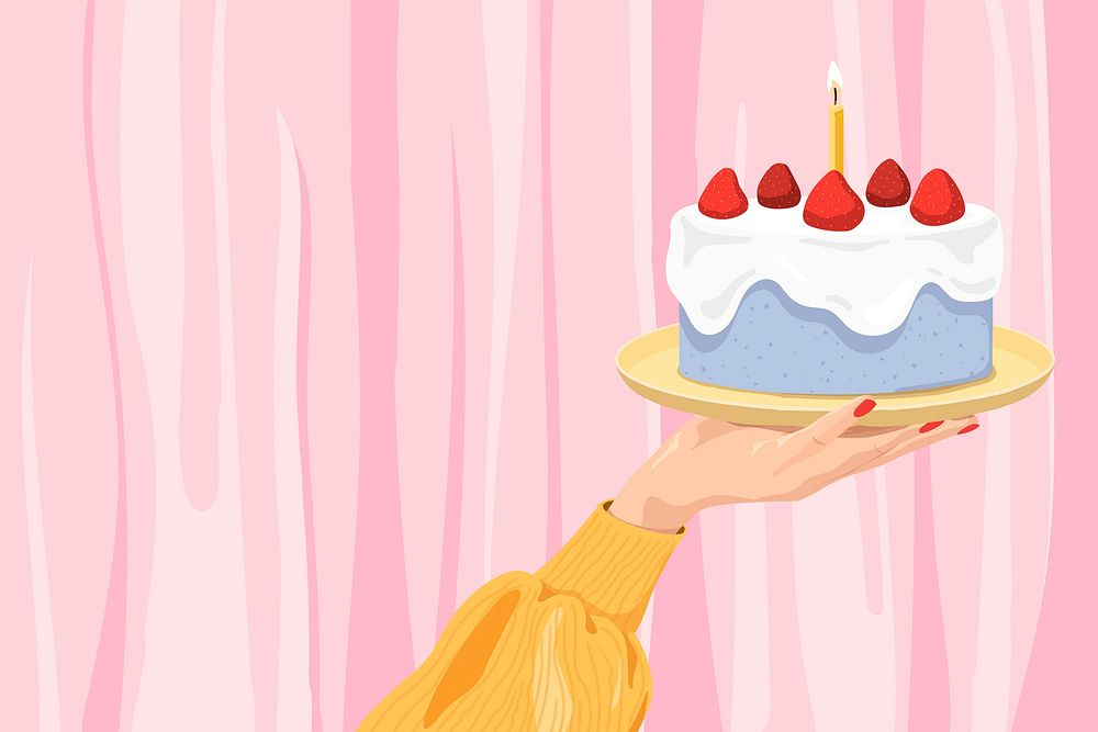 Pink background, birthday cake, food illustration design vector
