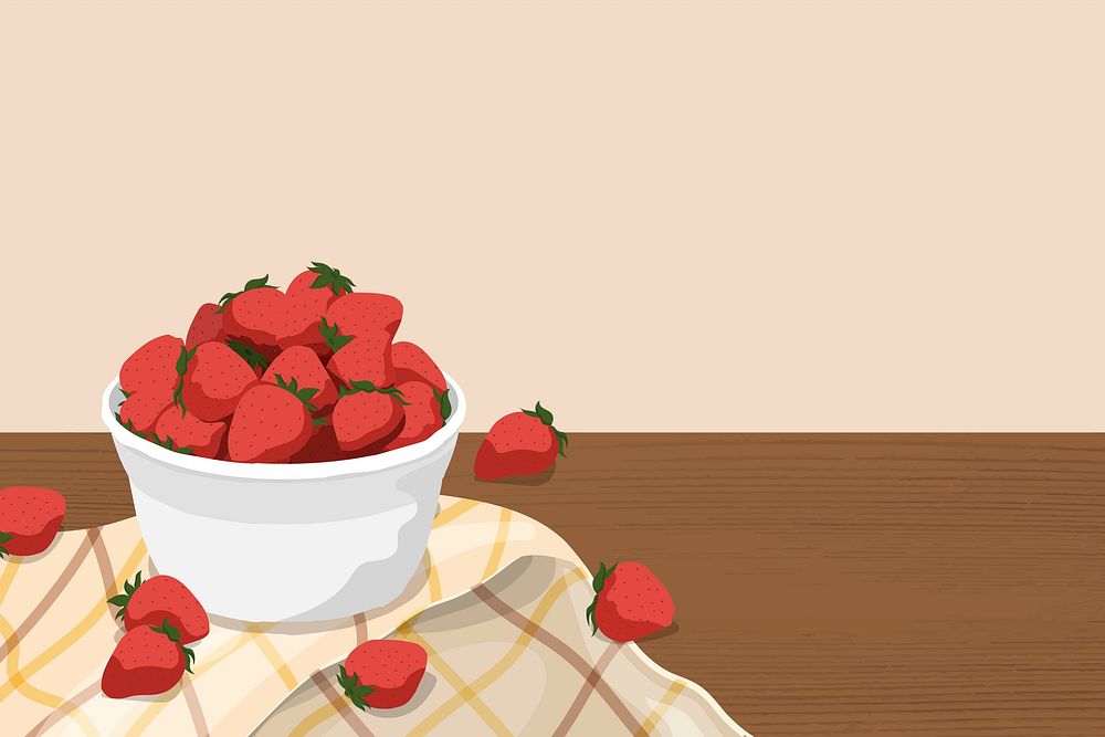 Fresh strawberries, beige background, aesthetic fruit illustration design vector