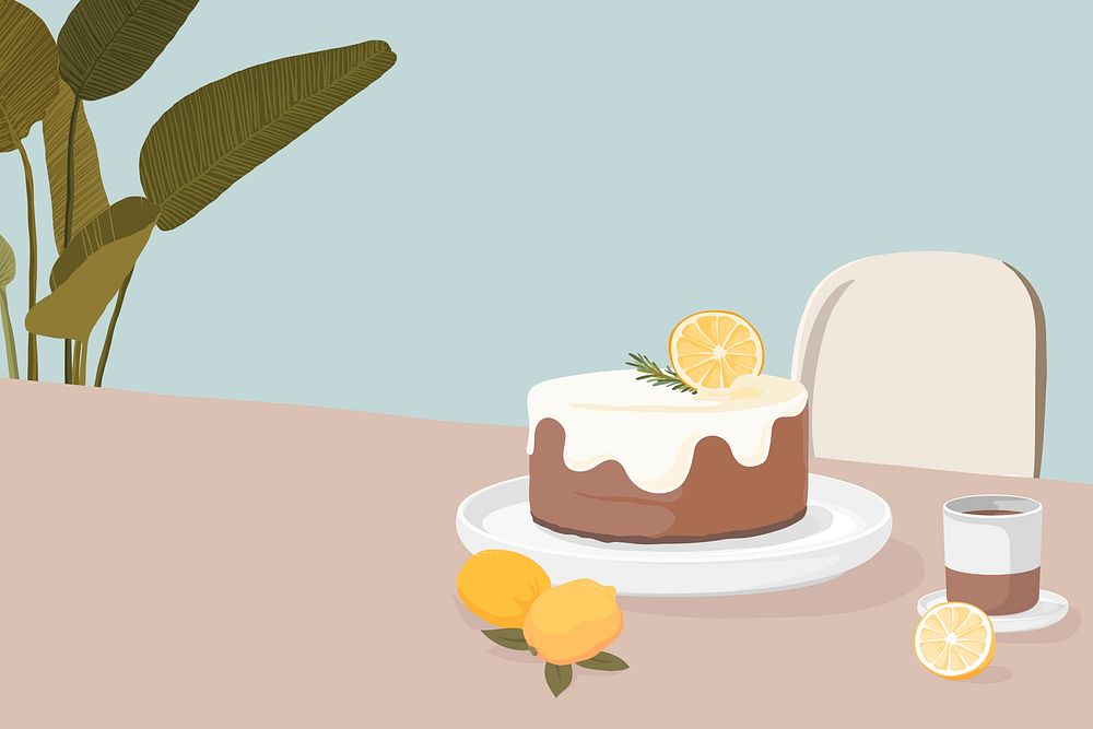 Cafe background, lemon cake and tea, food illustration design psd