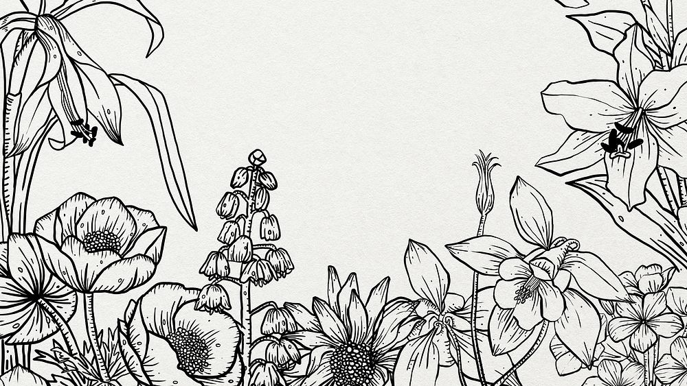 Flower line art desktop wallpaper, black and white design