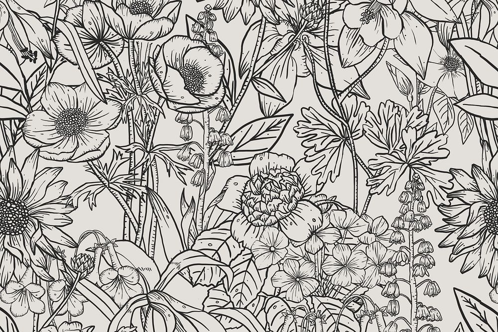 Floral line art background, black and white hand drawn design