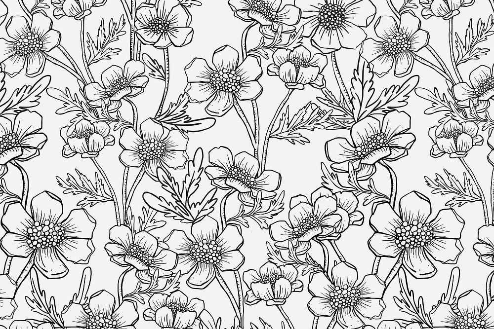 Floral line art background, black and white hand drawn design