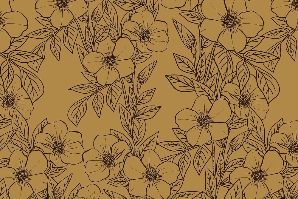Floral line art background, dark yellow hand drawn design