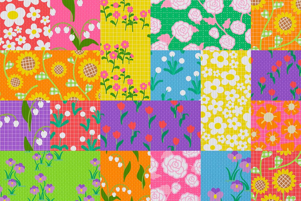 Patchwork colorful floral background, cute pattern design psd