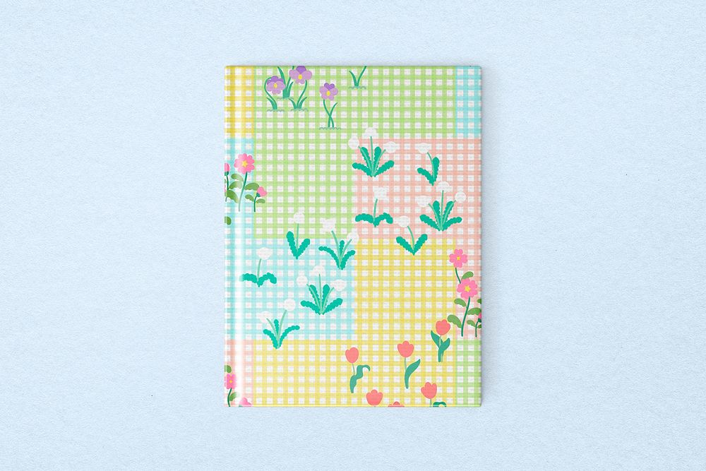 Floral book cover mockup, pastel gingham flower design psd