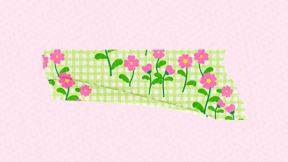 Flower washi tape sticker, pastel aesthetic element with gingham design psd
