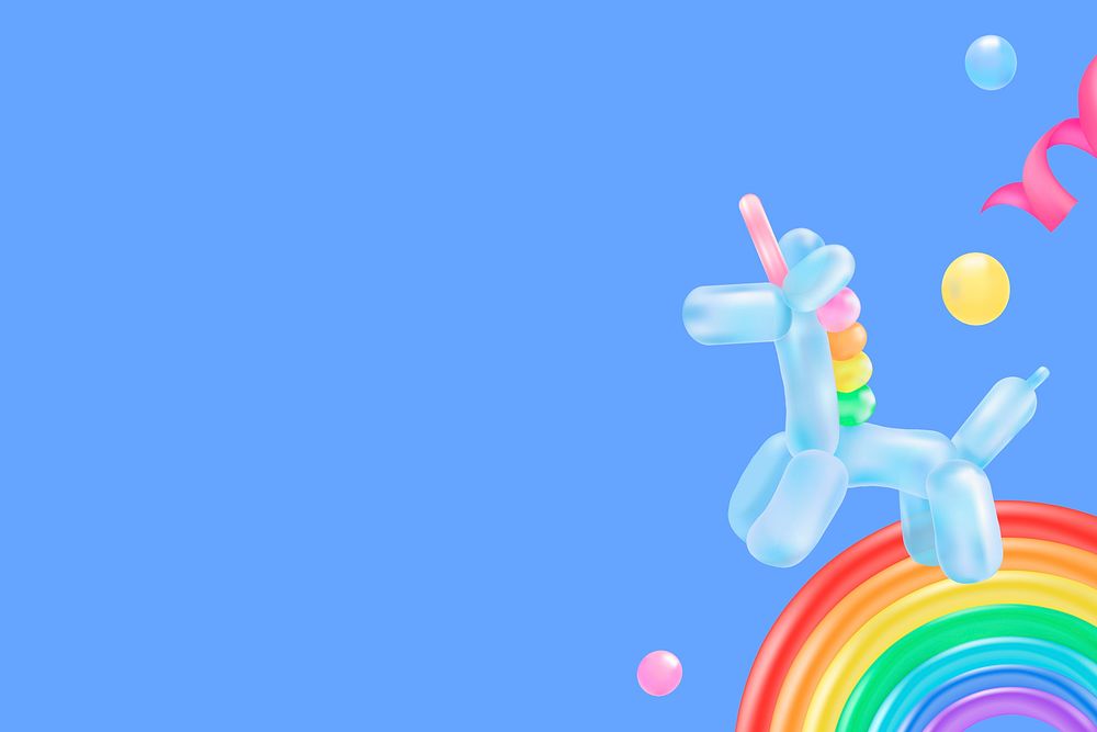 Unicorn balloon blue background, birthday party design for kids psd
