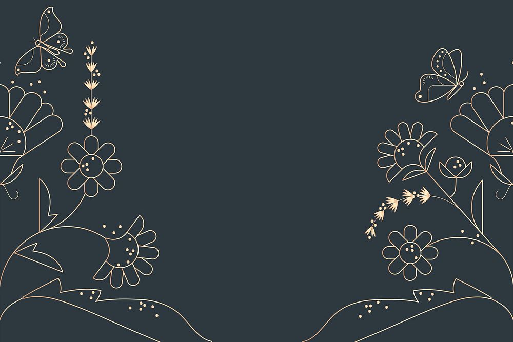 Black background, gold line art flower border design vector