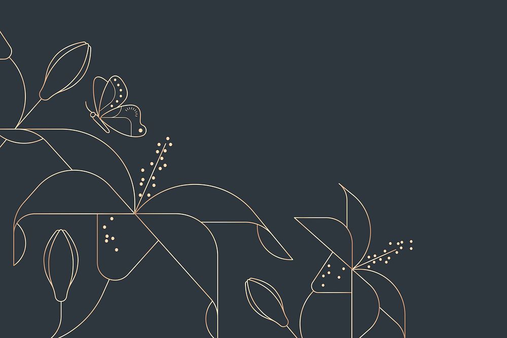 Floral line art background, gold border design psd