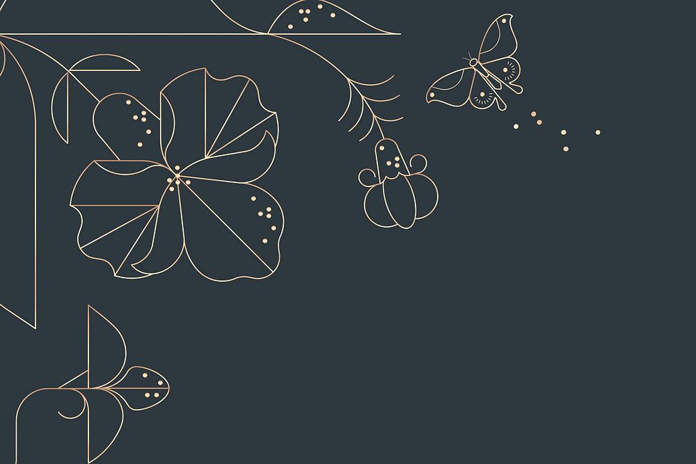 Geometric nature background, gold line art design, floral border vector