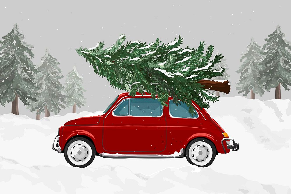Christmas car, tree hauling on roof, snowy background