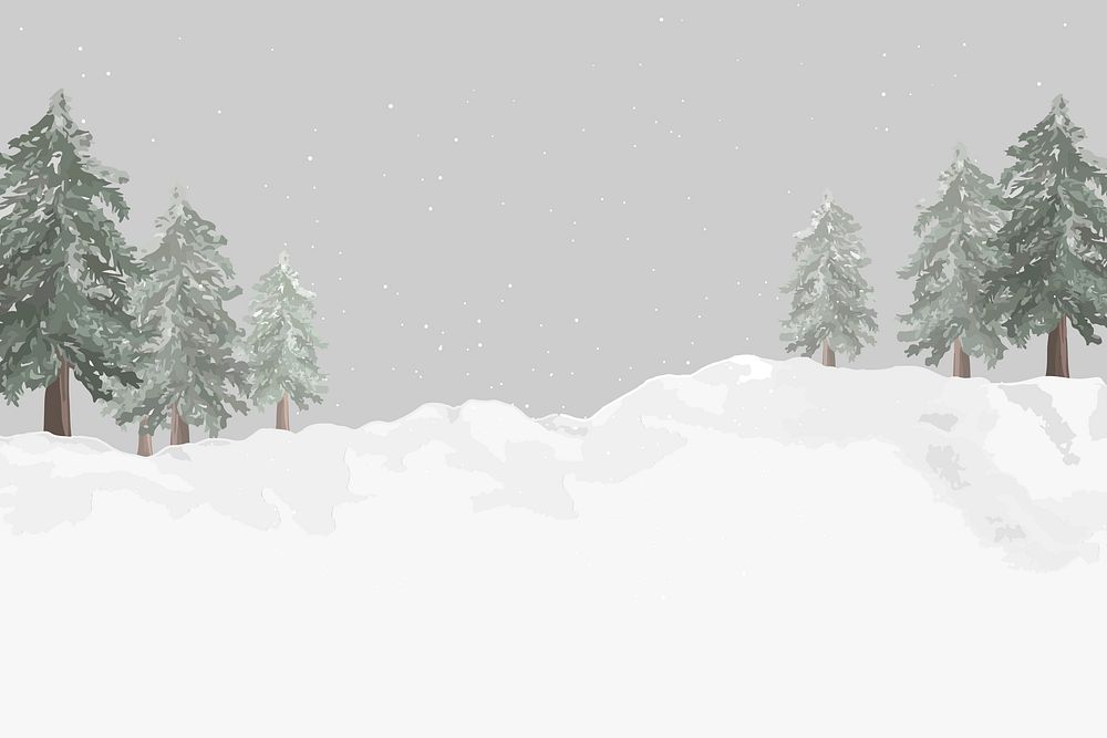 Aesthetic winter background, snowy forest, gray sky, design space