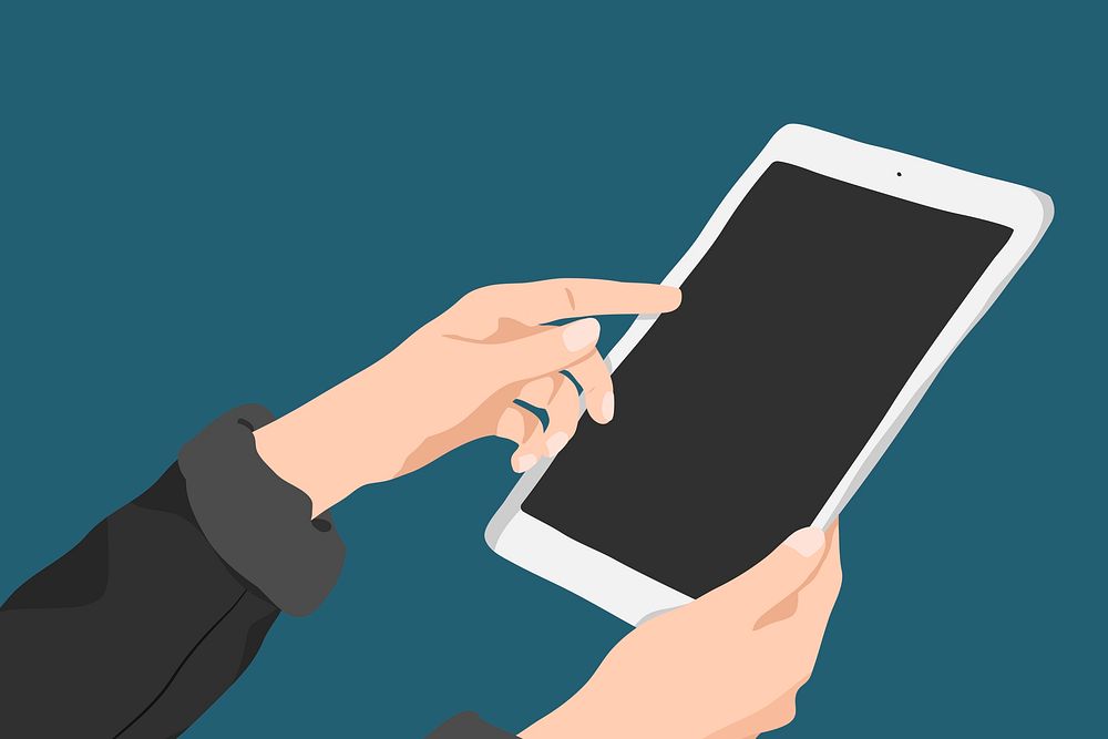 Social media addiction background, hand holding tablet vector