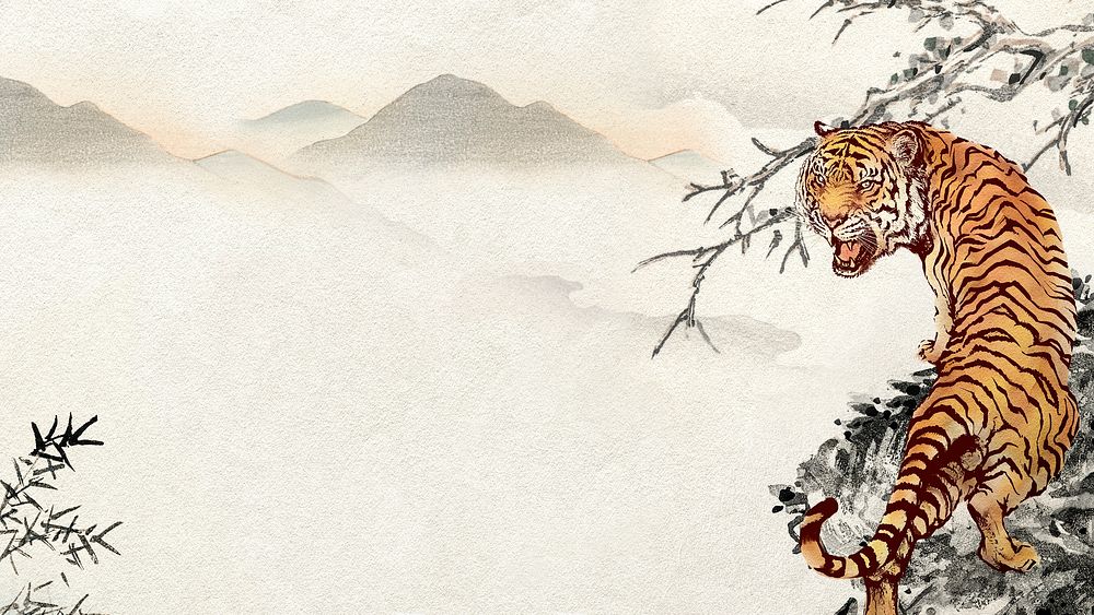 Roaring tiger desktop wallpaper, Chinese horoscope animal HD background, remixed from artworks by Ohara Koson