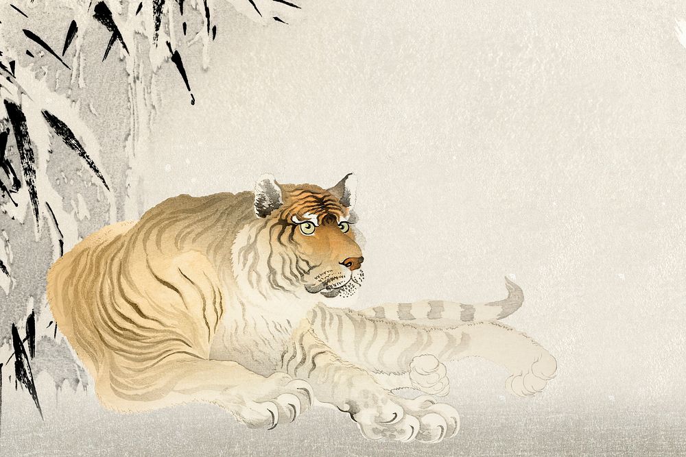 Chinese zodiac tiger background, animal realistic illustration, remixed from artworks by Ohara Koson