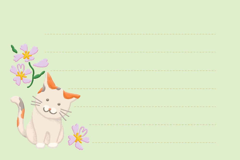 Aesthetic green kitten background, doodle memo vector