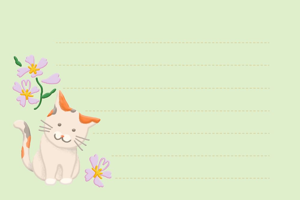 Aesthetic green cat background, doodle memo psd