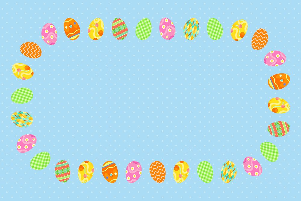 Blue Easter frame background, colourful patterned eggs psd