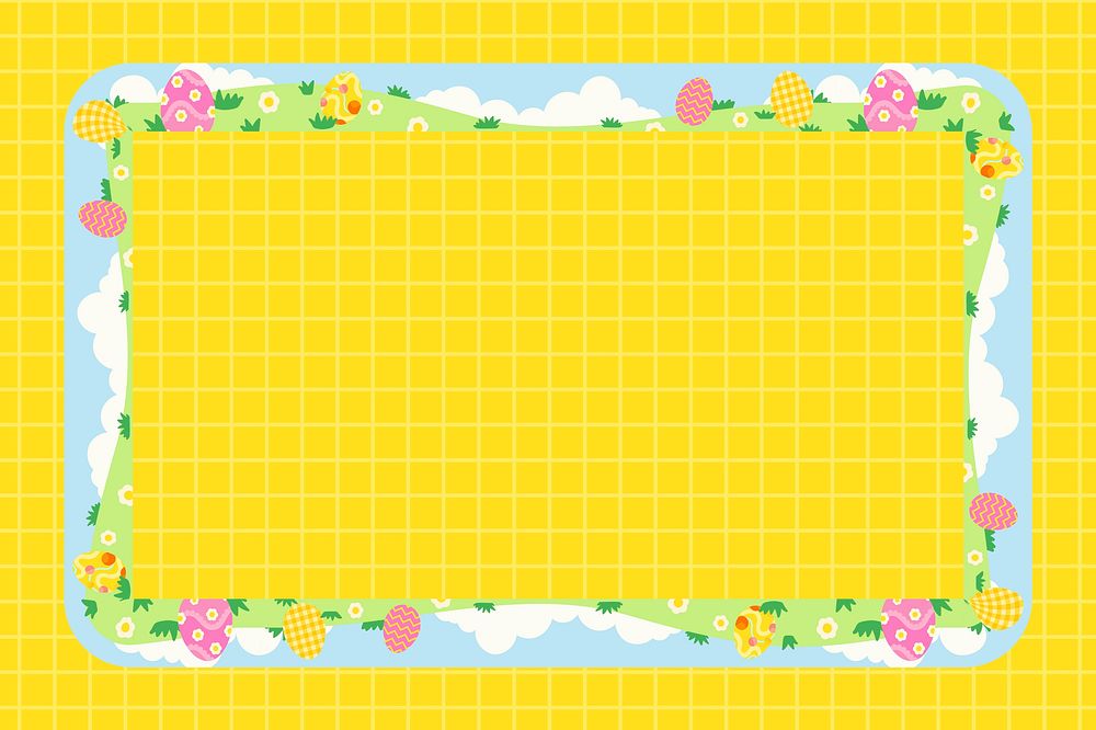 Cute Easter frame background, yellow grid pattern for kids vector
