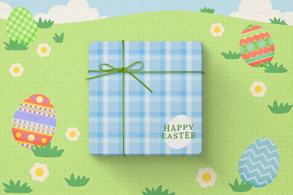 Easter gift box, blue plaid pattern, packaging for small business