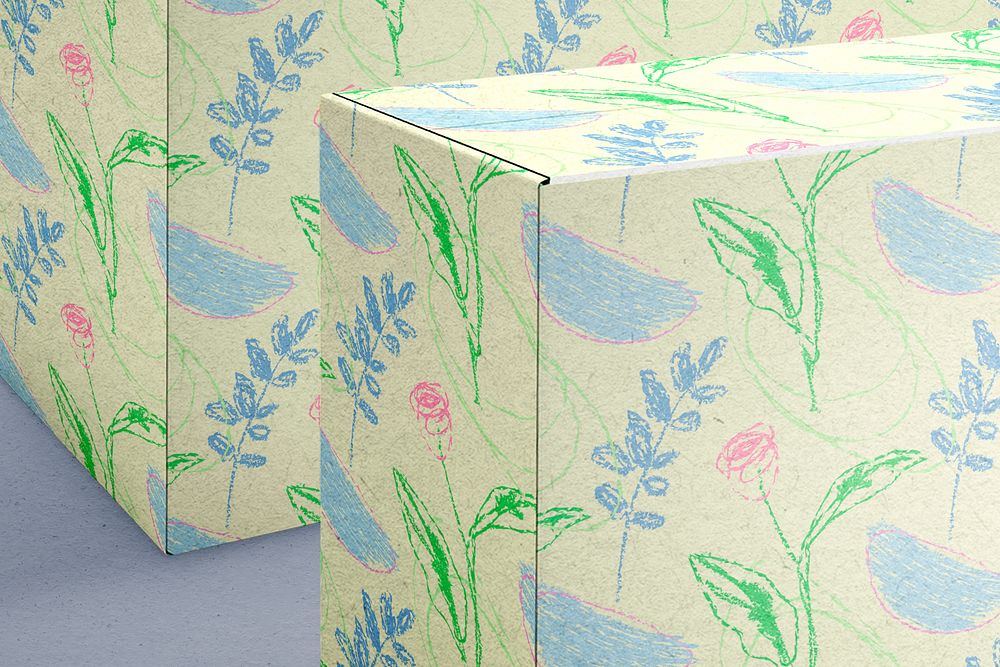 Floral paper box mockup, hand drawn line art psd