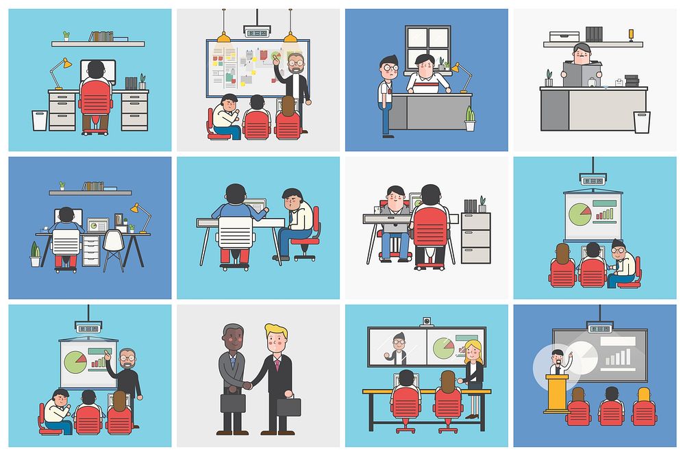 Collection of illustrated office workers in various daily situations