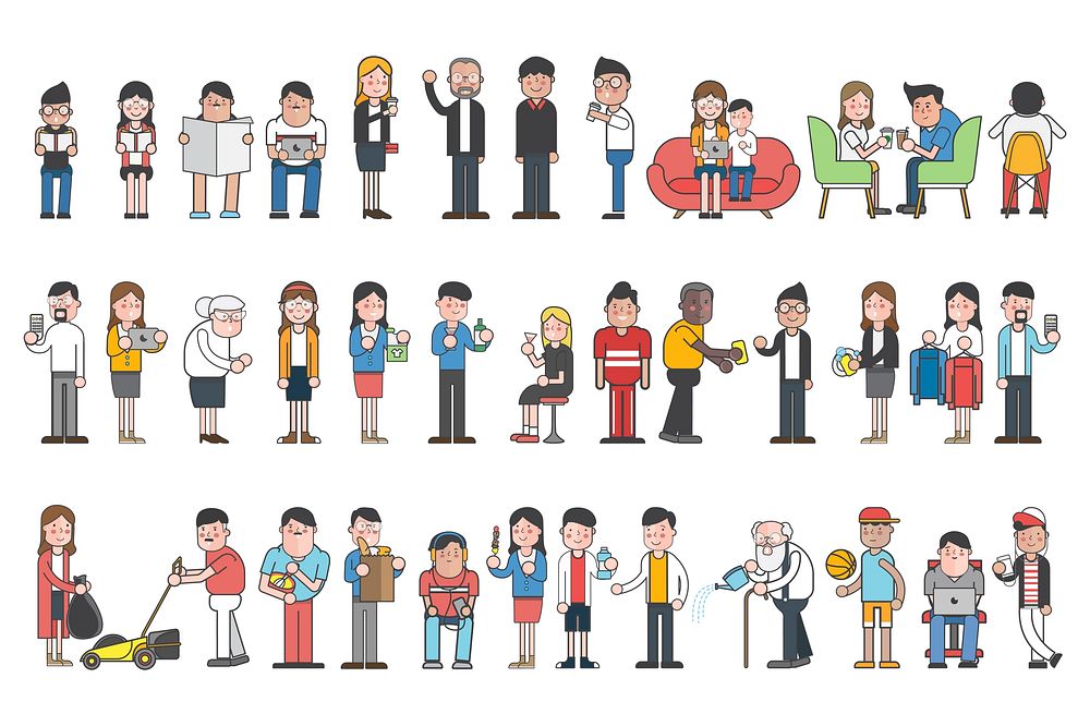 Collection of illustrated people in various daily situations