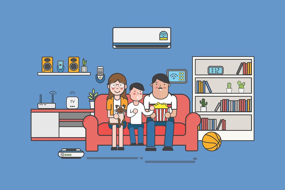 Illustration of a family watching TV at home
