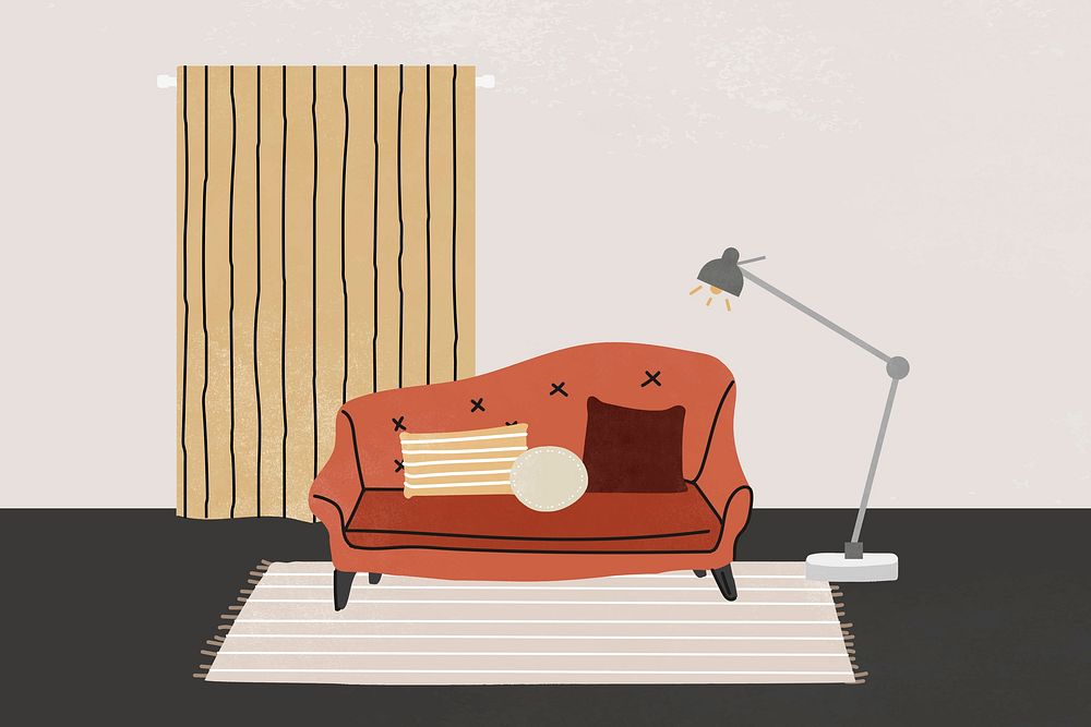 Aesthetic living room background, with furniture & home decor illustration psd