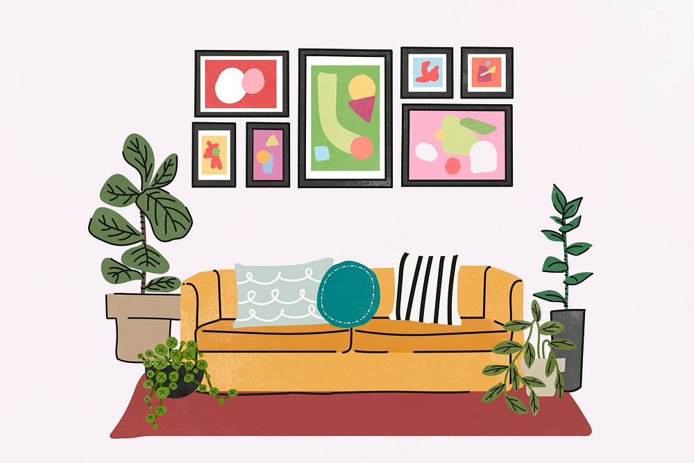 Colorful room background, with furniture & home decor illustration psd