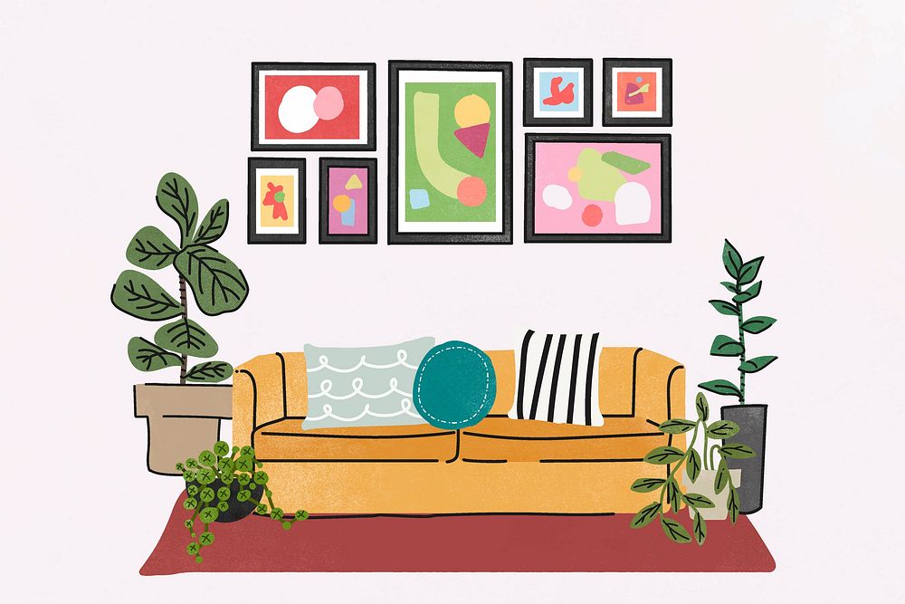 Colorful room background, with furniture & home decor illustration vector