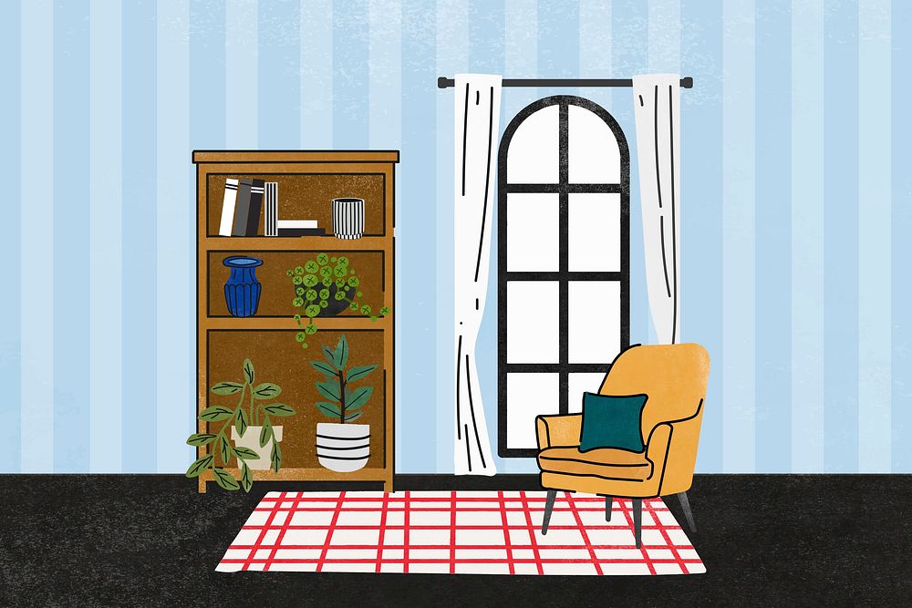 Cute living room background, with furniture & home decor illustration psd