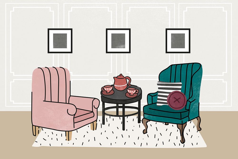 Cute tea room background, with furniture & home decor illustration psd