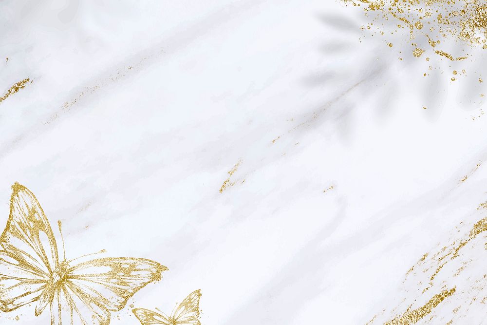 White background, gold glitter butterfly, marble design vector