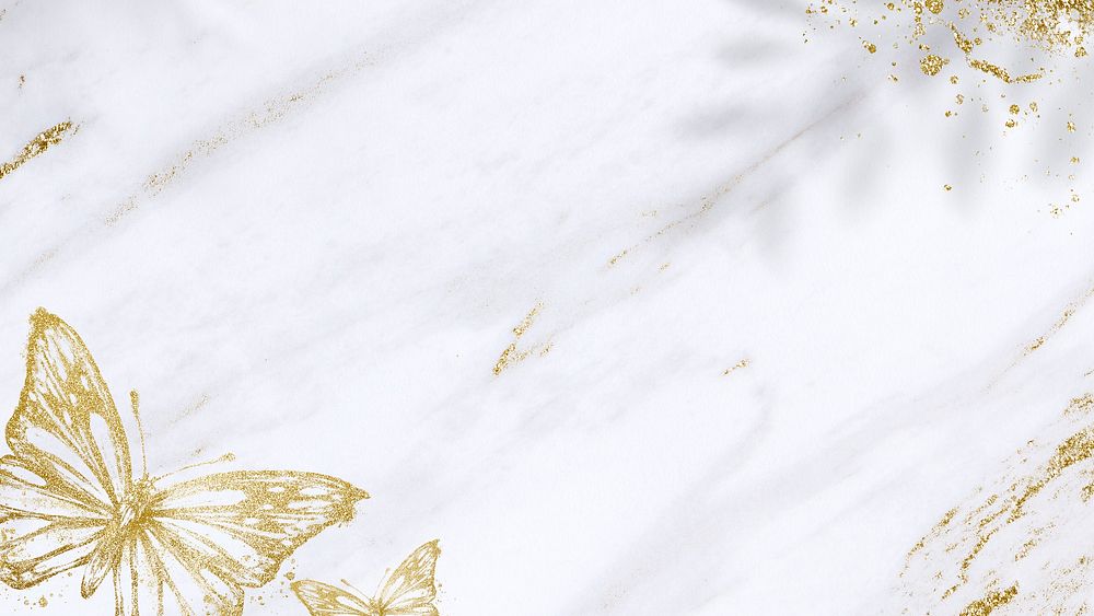 White desktop wallpaper, gold glitter butterfly design