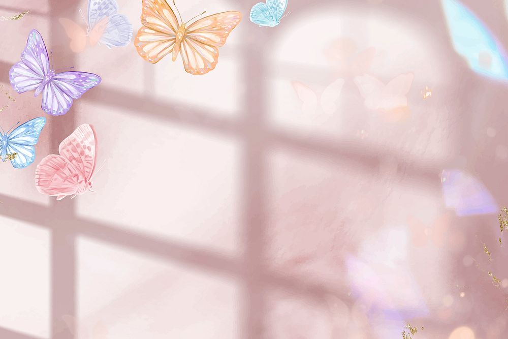 Pink background, colorful butterfly, window shadow design vector