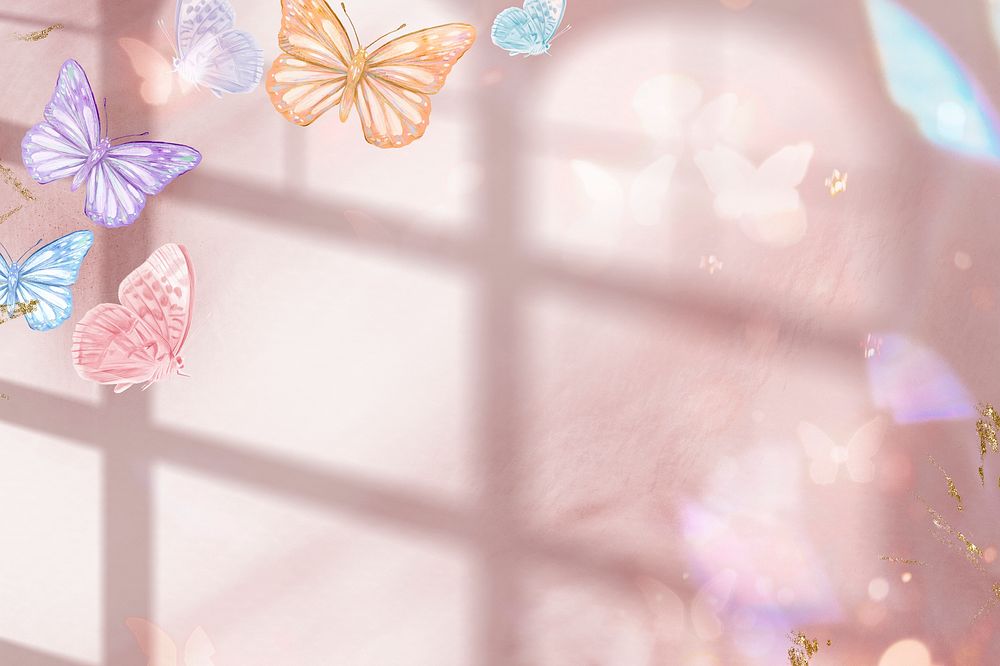 Pink background, colorful butterfly, window shadow design psd