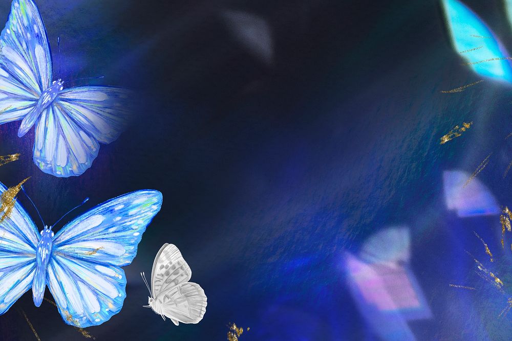 Dark background, aesthetic blue butterfly painting design psd