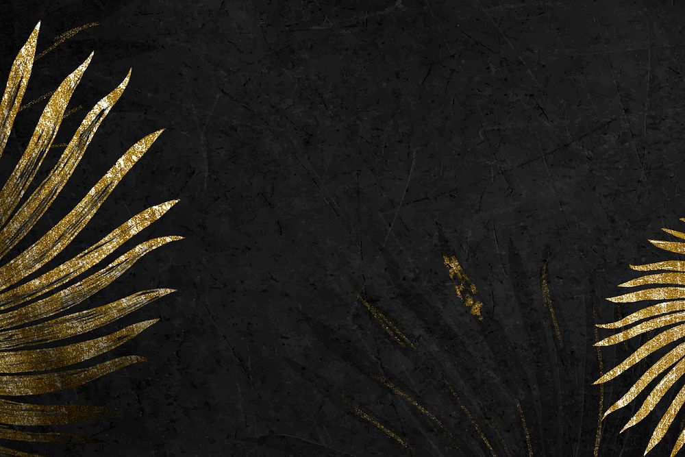 Black background, gold glitter tropical leaf design vector