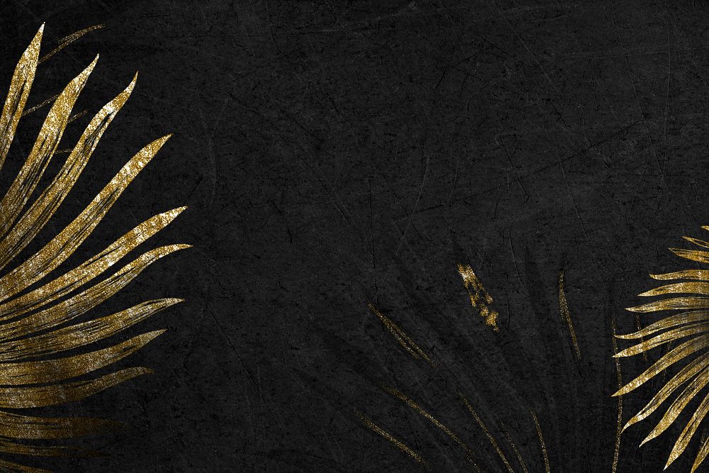 Black background, gold glitter tropical leaf design psd