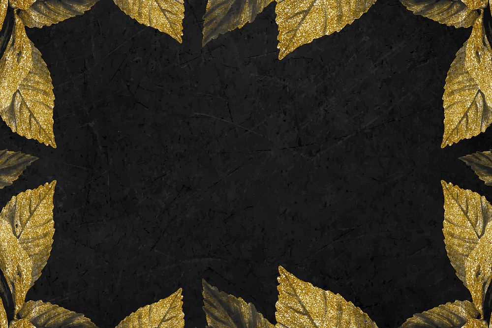 Black background, gold leaf frame design vector