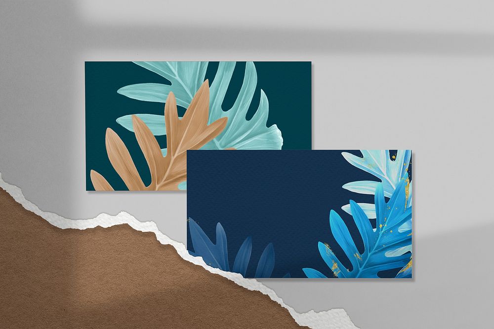 Tropical leaf cards, green & blue, aesthetic design on window shadow background