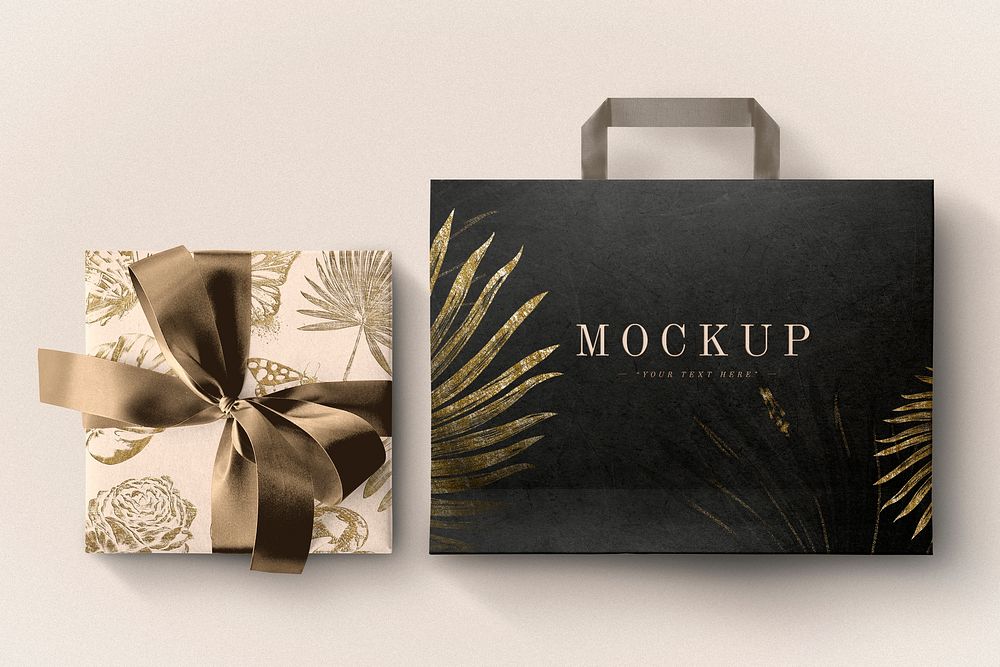 Shopping bag mockup, gold glitter botanical design psd