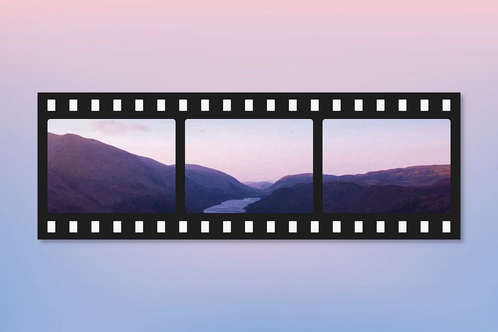 Purple aesthetic film mockup frame, mountain view design vector