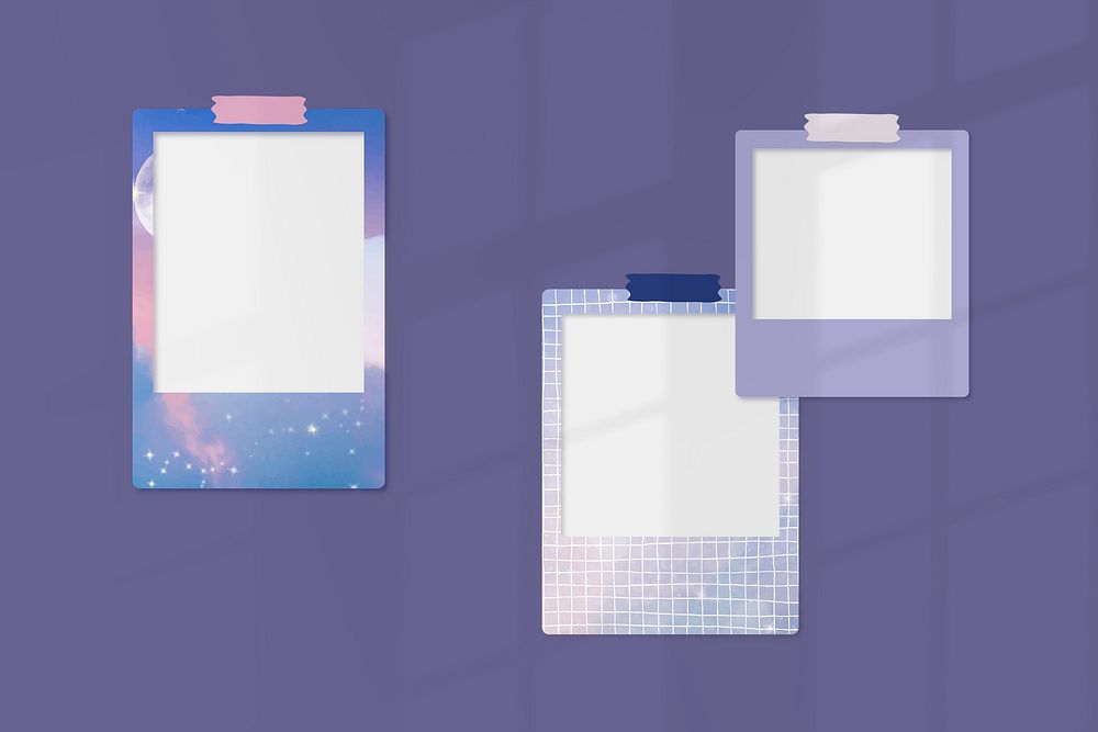 Purple aesthetic mockup instant photo frame moodboard, pastel design vector