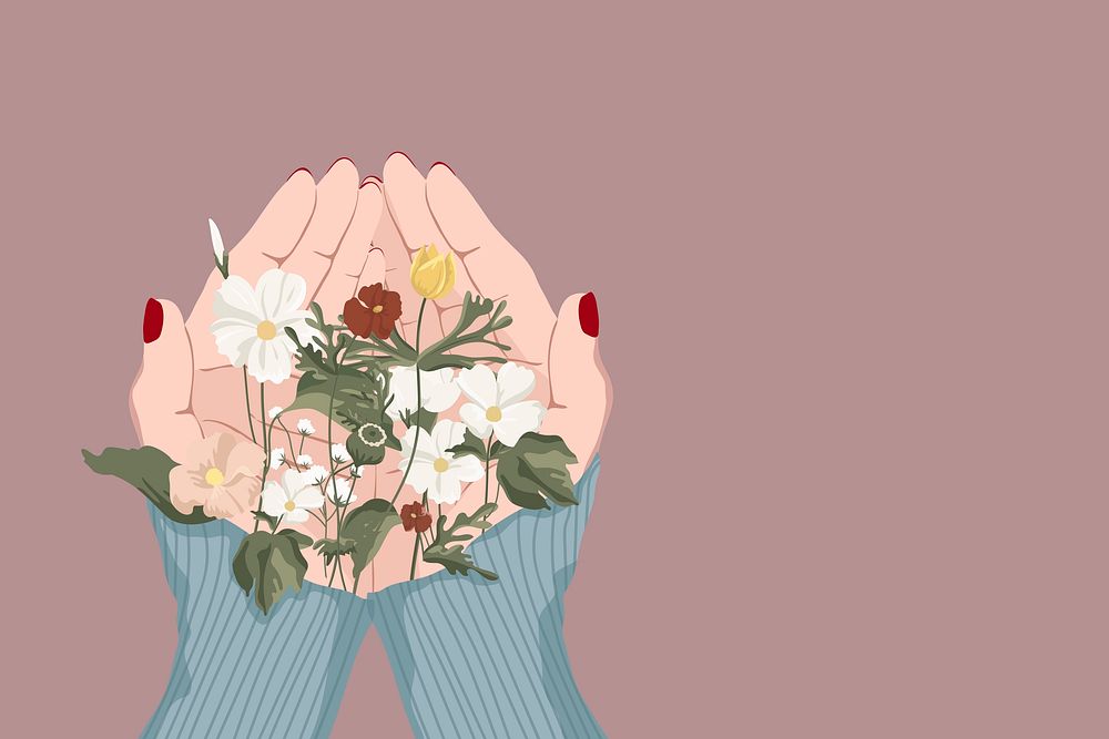 Hands holding flowers background, feminine illustration design psd