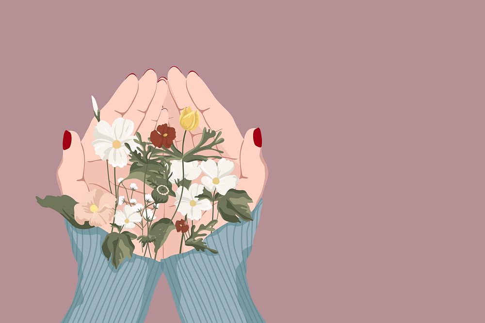 Hands holding flowers background, feminine illustration design vector