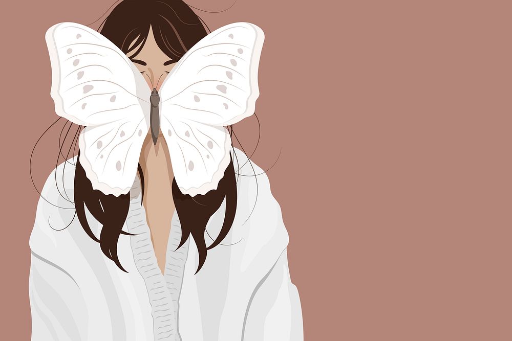 Butterfly on woman face background, feminine illustration design psd