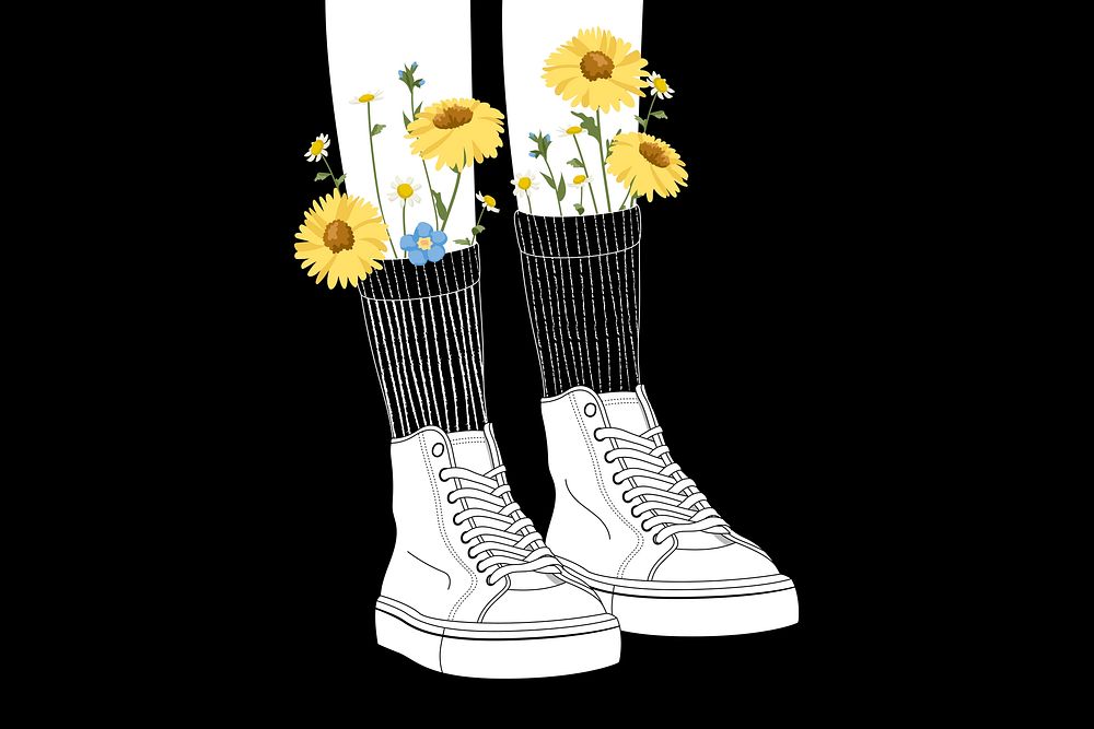 Aesthetic shoes background, calendula flower illustration psd